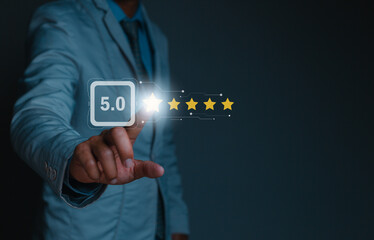 close up businessman hand touching on five star icon and happy smile face for feedback review satisfaction service, Customer service experience and business satisfaction survey.