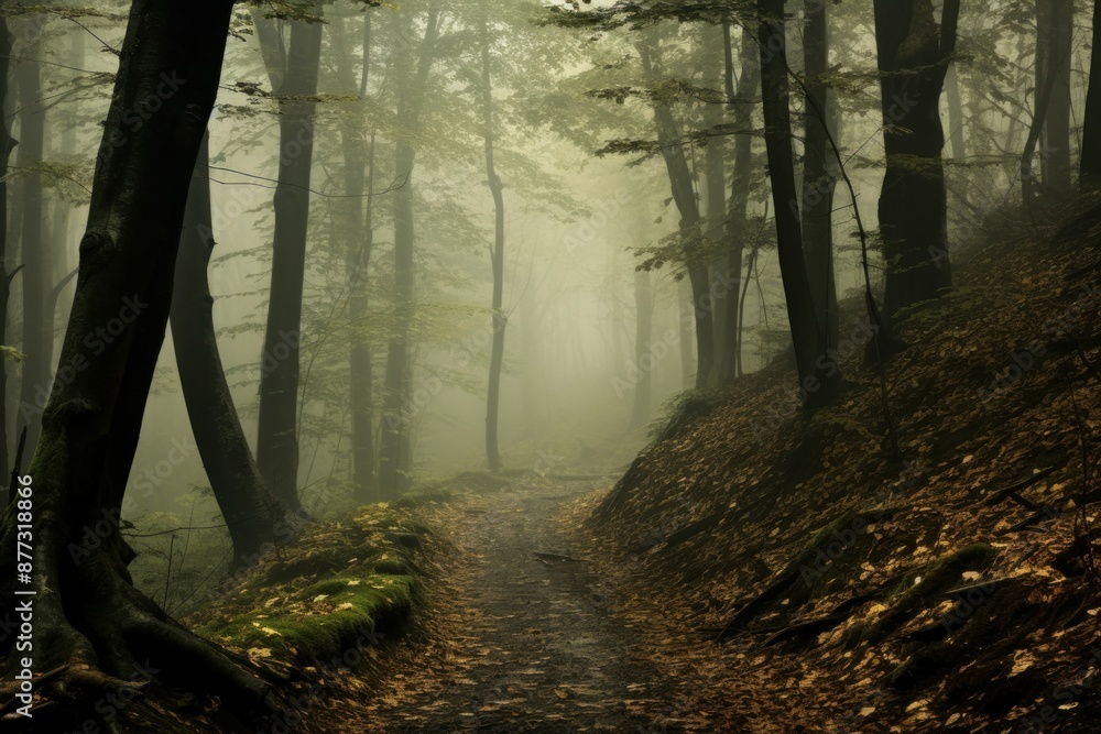 Poster tranquil and eerie misty forest pathway with fog-covered trees. creating a mystical and ethereal lan