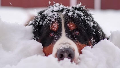 young Bernese mountain dog completely surrounded by snow , generated by AI. High quality photo