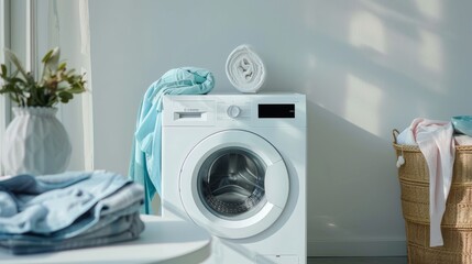 There is a washing machine and clean linen on the table.
