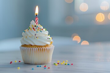 Cupcake with lit candle and colorful sprinkles