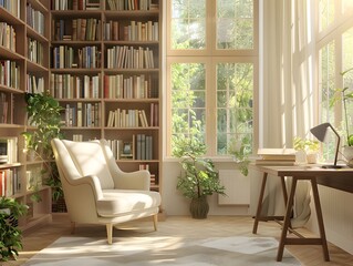 Fototapeta premium A cozy reading nook with a comfortable armchair, a wooden desk, and a large window overlooking a lush green garden. The room is filled with bookshelves and natural light.