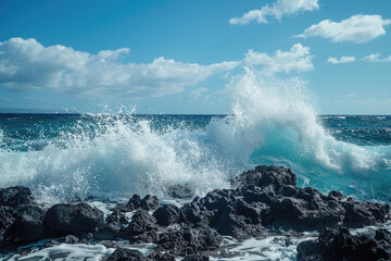 Waves crash against rocks creating salty spray