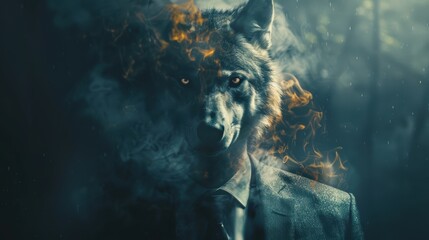 Double exposure of a businessman with a wolf s face emerging from the shadows, business manipulation, hidden identity