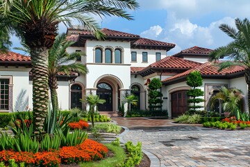 A detailed photo of a luxury home's exterior with a smart home automation system, featuring an integrated weather station and smart irrigation.