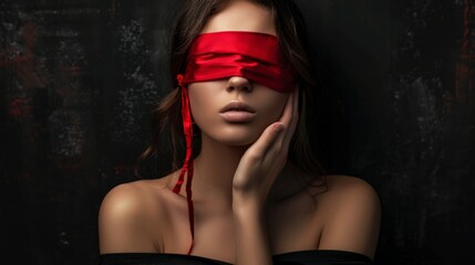 Portrait of a young woman with a red blindfold on a dark background with space to copy.