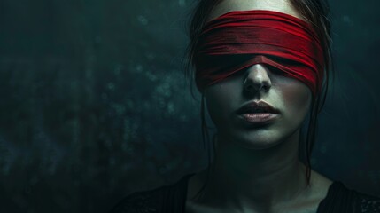 Portrait of a young woman with a red blindfold on a dark background with space to copy.