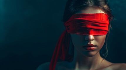 Portrait of a young woman with a red blindfold on a dark background with space to copy.