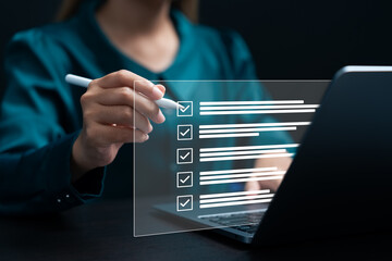 A businesswoman leverage online surveys and digital tools to gather insights, Document Management...