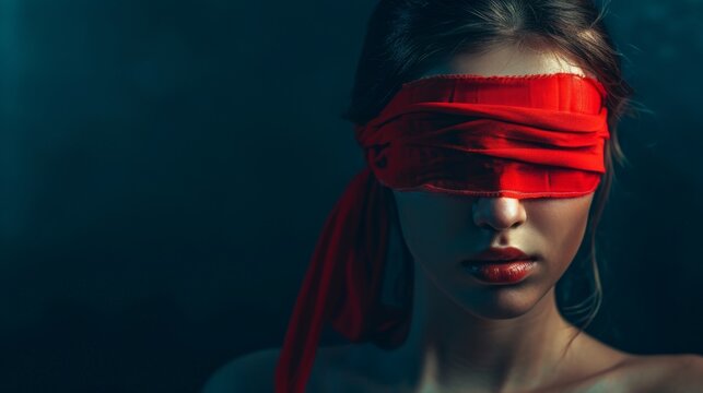 Portrait of a young woman with a red blindfold on a dark background with space to copy.