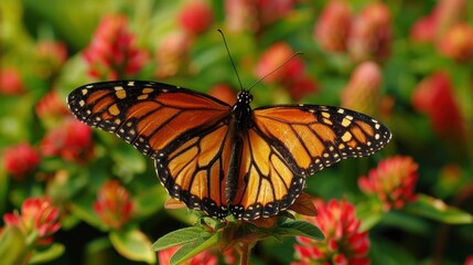 Naklejka premium Vibrant butterfly resting on a flower, wings spread wide, showcasing intricate patterns and vivid colors in a natural setting.
