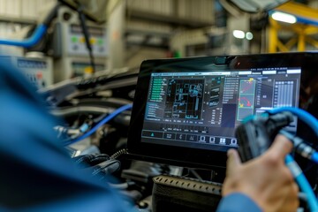 Mechanic Using Engine Diagnostic Screen for Troubleshooting in a High-Tech Garage