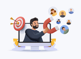 Marketing plan, find leads and business strategy abstract concept vector illustration in 3D style. Sales business plan