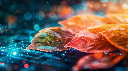 Autumn Leaves On Futuristic Technology Background.