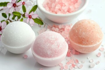 Pink and white bath bombs beside a bowl of himalayan salts and fresh blossoms