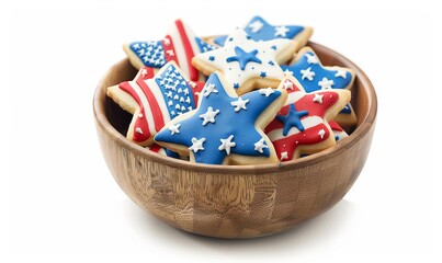 Patriotic star-shaped cookies in wooden bowl, perfect for American holidays