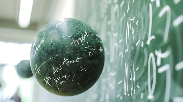 Green ball with mathematical formulas on a blackboard background. 3d rendering