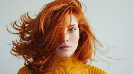 A woman with copper-colored red hair on a light background.