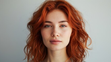 Naklejka premium A woman with copper-colored red hair on a light background.