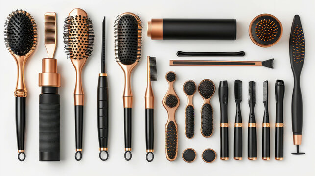 An assortment of vintage hair styling tools, including brushes and combs with wooden and metal handles, arranged neatly on a white background, showcasing historical beauty equipment.
