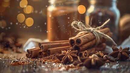 Cinnamon sticks, star anise, and glass jars on a wooden table with blurred golden lights in the background, creating a warm, cozy atmosphere.