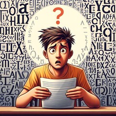 Concept "It's All Greek to Me", a person looking confused while reading a document filled with Greek letters