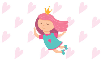 Princess vector illustration done in flat style. The girl is dreaming. The fairy flies.