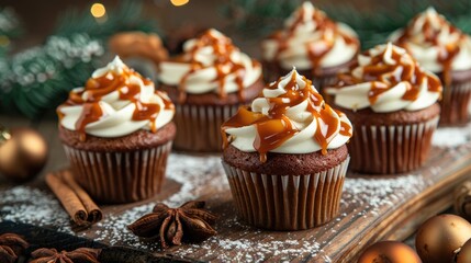 Homemade Christmas gingerbread cupcakes with caramel sauce on wooden background
