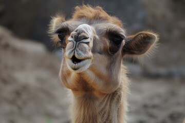 Fototapeta premium Close-up of a camel with mouth open and a cheerful look, standing outdoors with a sandy background.