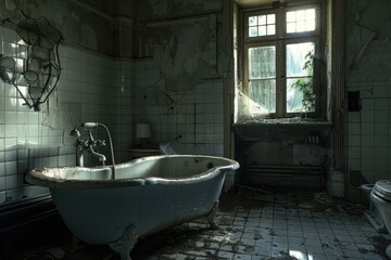 Moody light shines on a decrepit bathtub in an abandoned, dilapidated bathroom with peeling walls