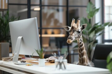 A giraffe sits at a desk working on a computer in a modern office space, with plants and light filtering in.