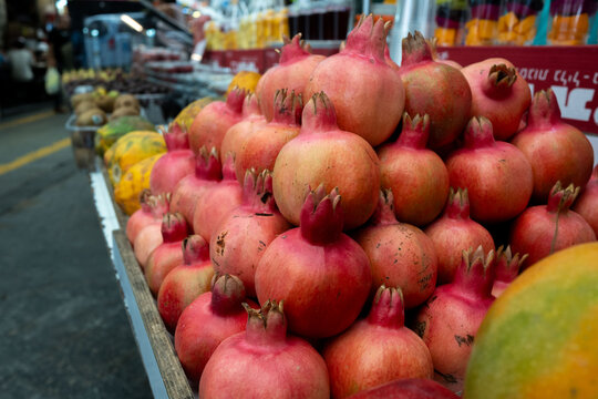 Stack of pomegranates in old city Jerusalem market, Israel