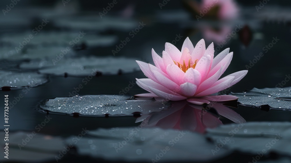 Poster a pink lily floating on dark water, creating a serene and contemplative scene with a touch of elegan