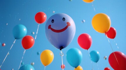 Colorful balloons floating against a bright blue sky, creating a joyful and celebratory atmosphere.