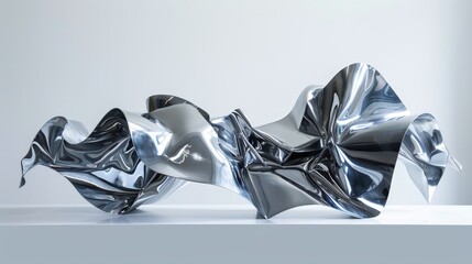 Abstract Chrome Sculpture on White Platform