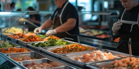 Image of cafeteria staff serving various dishes on a buffet line filled with different and colorful food items.