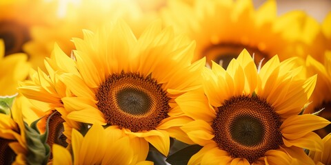 Obraz premium Bright sunflowers with vibrant yellow petals in full bloom basking under the warm and cheerful sunshine in a scenic setting.