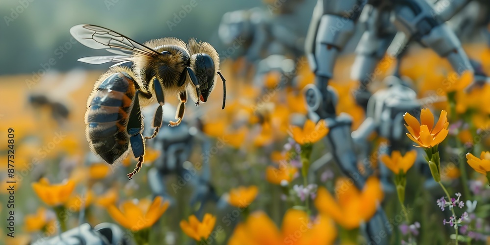 Poster closeup of bee flying in colorful field with robotic bees in background. concept macro photography, 