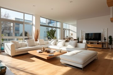 Spacious interior showcases a contemporary living room filled with sunlight, featuring sleek white sofas