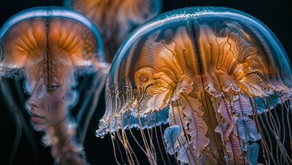 The image shows a close-up of a jellyfish with a woman's face reflected in its translucent bell. The jellyfish is white with brown and pink markings. Its tentacles are trailing out around the bell.