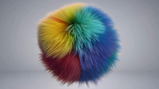Experience the mesmerizing rotation of a fluffy, colorful ball with vibrant gradient hues in a seamless loop. The smooth texture and changing colors create a captivating visual