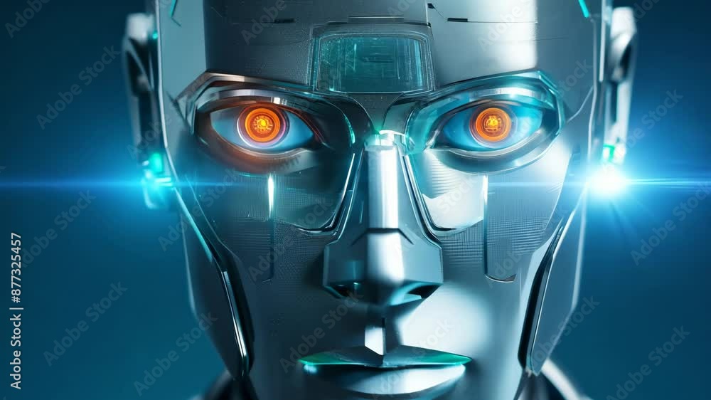 Poster futuristic robot face with glowing orange eyes and illuminated circuitry. high-tech ai showcasing in