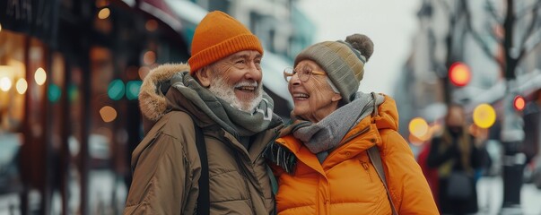 A senior couple is smiling and hugging each other in the snow. Free copy space for text.