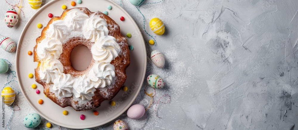 Poster easter cake eggs and holiday design on food background for happy easter menu concept in top view sty
