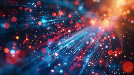 Obraz premium Abstract depiction of glowing orange and blue particles in a dynamic wave formation, representing digital data and energy flow.