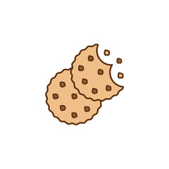 Bitten cookies with crumbs. Round cookie icon. Biscuit and cracker symbol. Colored vector illustration on white background. 