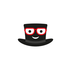 Cylinder hat with glasses. Top hat with a cheerful face. Vector illustration and drawing on a white background.