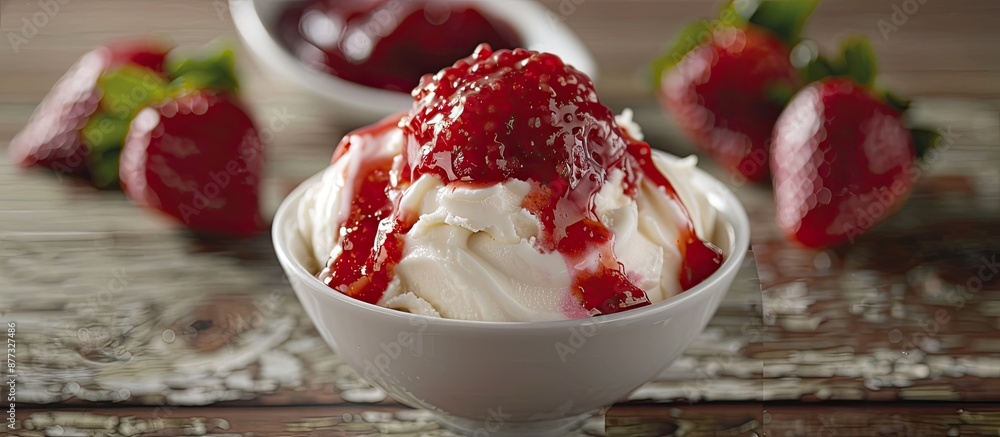 Poster a classic combination of vanilla ice cream topped with sweet strawberry jam perfect for a delightful