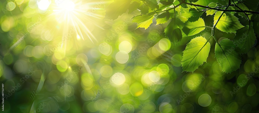 Poster blurry natural green backdrop with sunlight lens flare and bokeh effect suitable for web design or a