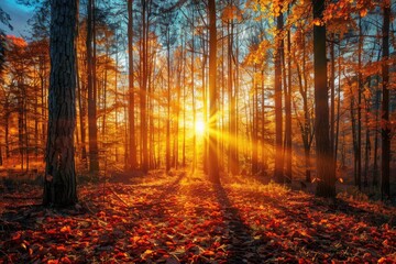 Obraz premium Beautiful autumn forest with golden sunlight filtering through the trees, casting long shadows on the fallen leaves.